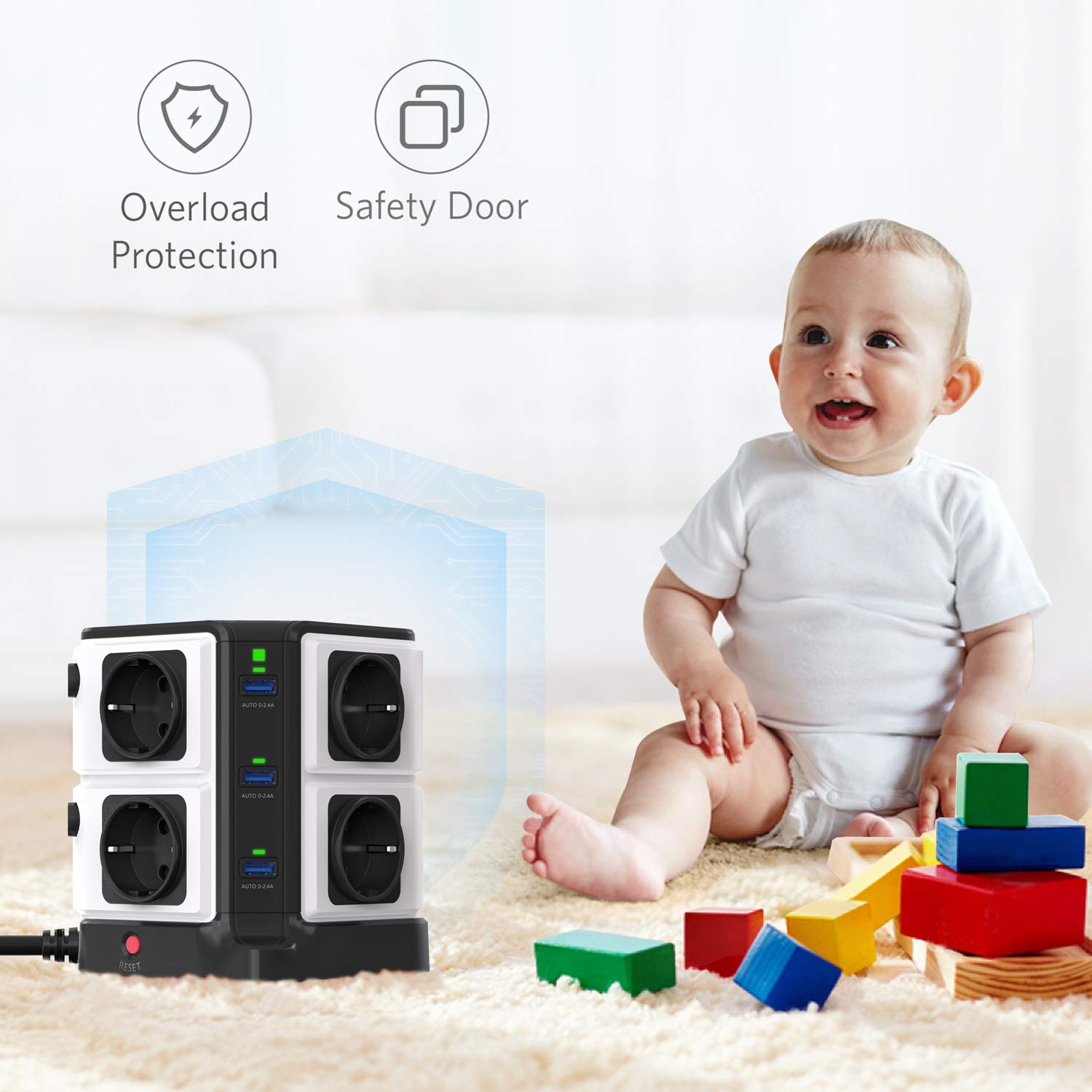 BESTEK Ciabatta elettrica a 8 prese e 6 USB, con interruttore singolo, protezione da sovratensione 1500J e fulmini 3600W