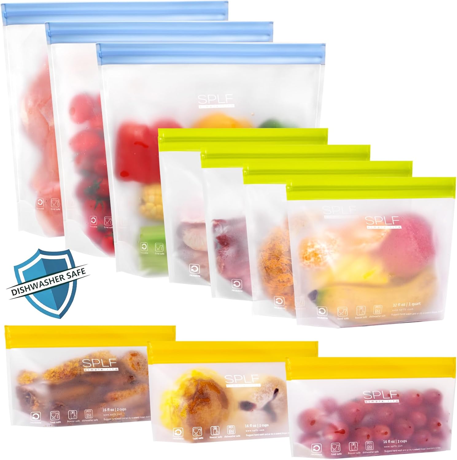 SPLF 10 Pack Stand-Up Reusable Food Storage Bags Dishwasher Safe, BPA Free Reusable Freezer Bags, Extra Thick Leakproof for Meal Prep, Sandwich, Bread, Veggies - 3 Gallon 4 Quart 3 Snack