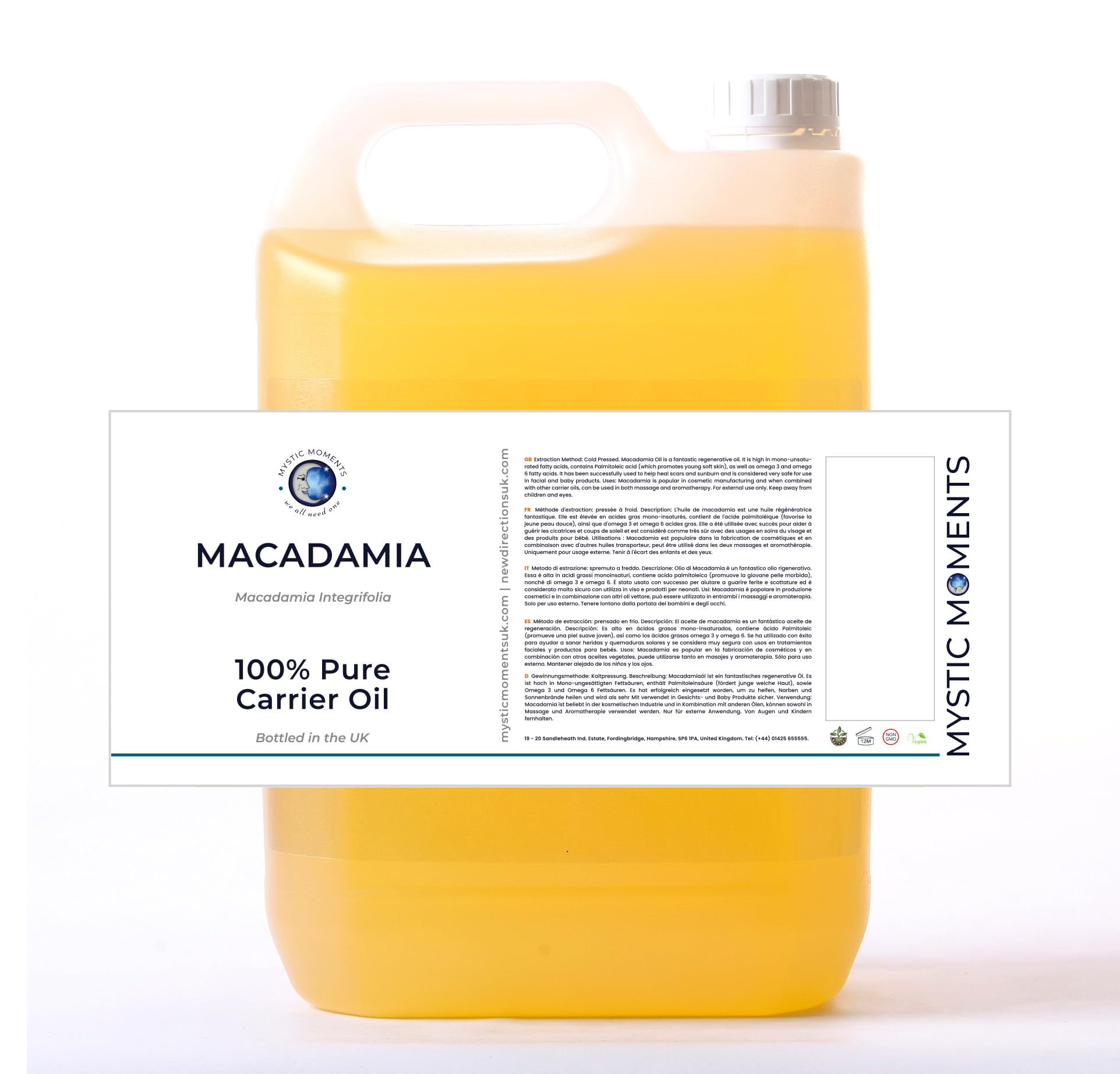 Mystic Moments| Macadamia Carrier Oil 5 Litres | Macadamia integrifolia | Lightweight Nourishing Treatment for Skin & Hair | Fast Absorbing Natural Carrier for Massage, Aromatherapy & Skincare