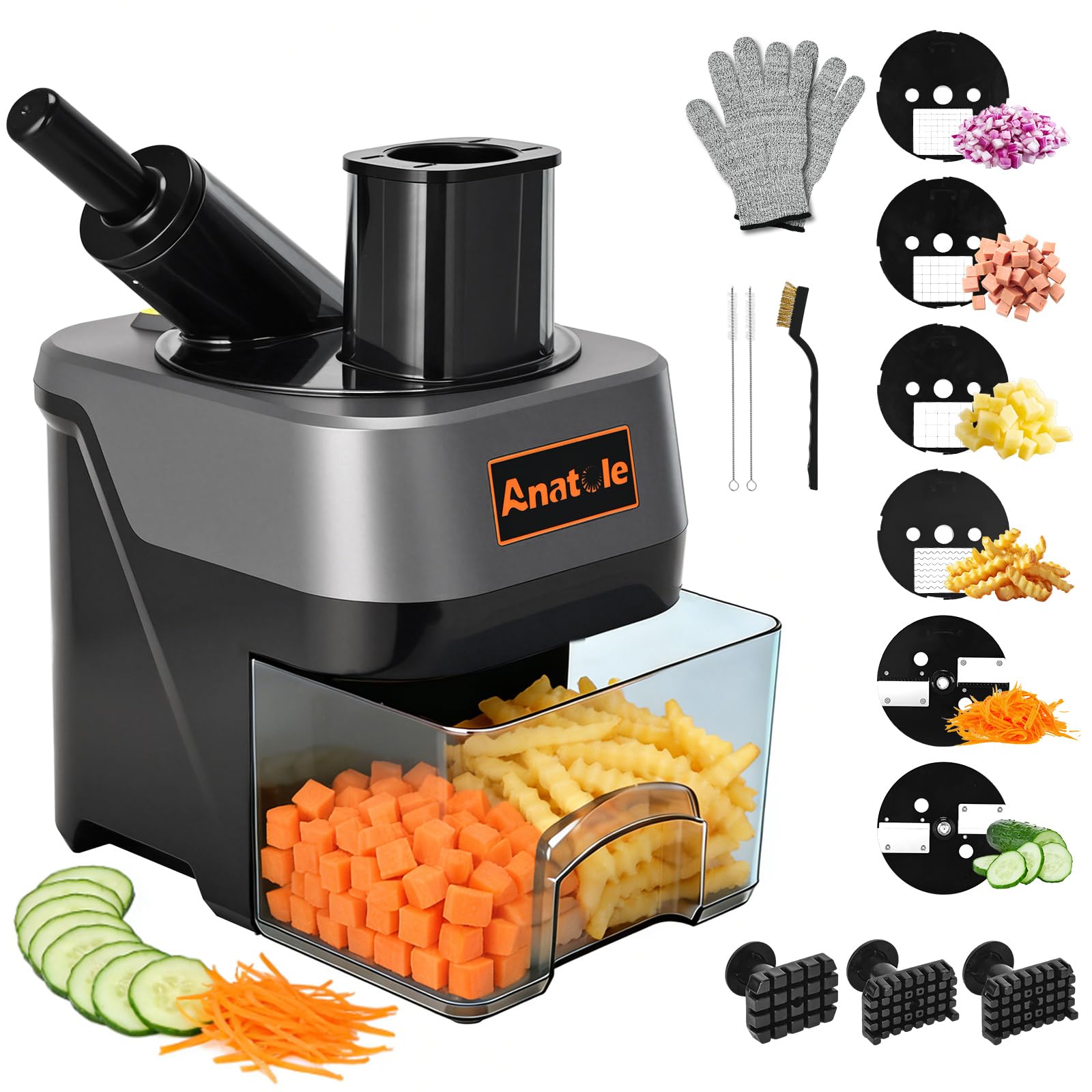 Anatole 6 en 1 Cortador de Verduras Eléctrico en Cubos Rodajas Ondulados Rallador de Vegetales Frutas Multifuncional para Pepino Patata Zanahoria Cebolla 100W 220V