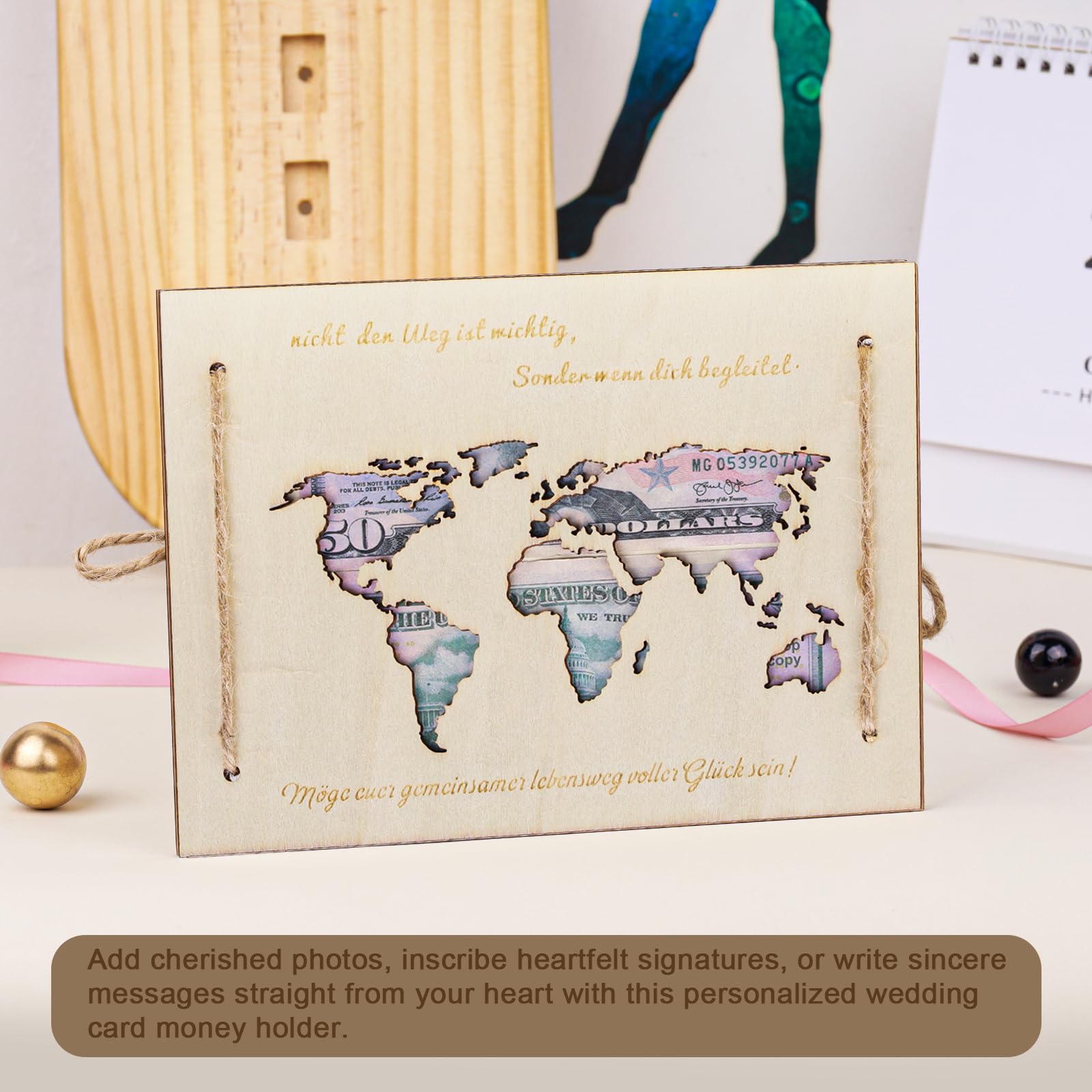 Reisen Weltkarte Hochzeitsgeschenk aus Holz, Personalisierte Hochzeitskarte Geldhülle, Reisen Flitterwochen Geldgeschenk, Geldgeschenke Verpackung, Geldkarten zum Verpacken für Braut Bräutigam