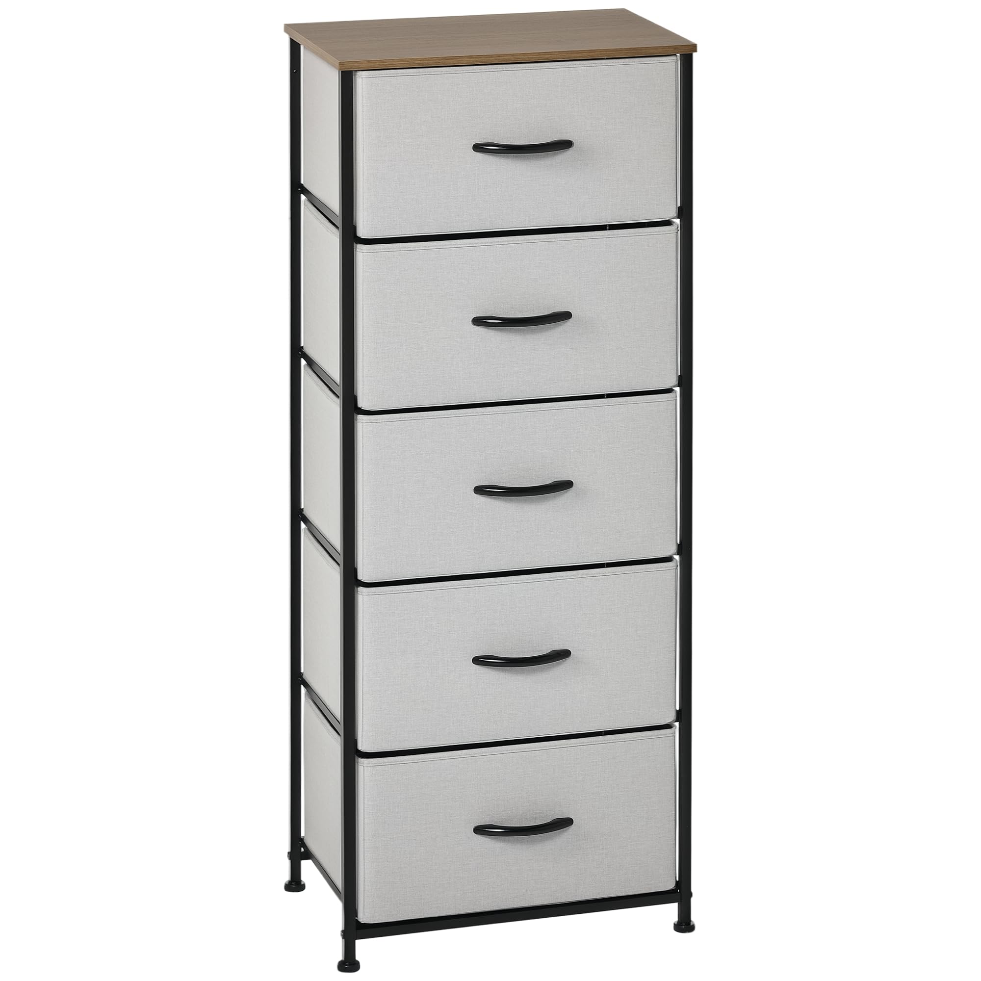 HOMCOM 5 Drawer Fabric Chest of Drawers - Wooden Top - Grey