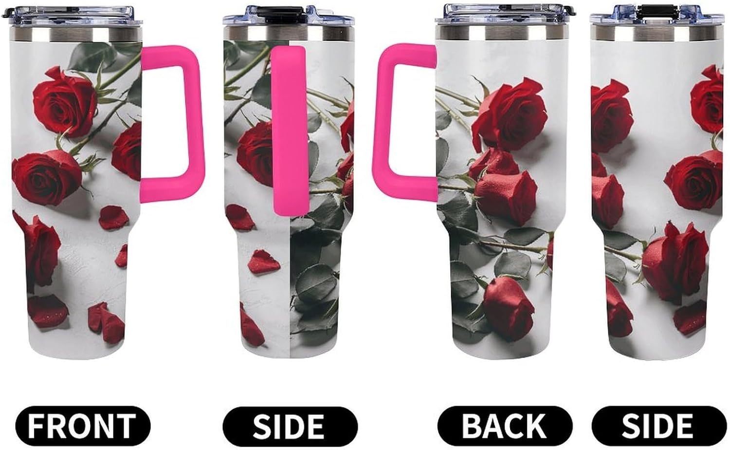 Large Car Cup with Handle&Lid Fashion Valentine Red Rose Tumbler Sturdy Insulated Water Bottle Stainless Steel Vacuum Travel Mug Portable Coffee Cup for Home Outdoor 40 Oz Light Rose Red-style