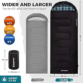 KingCamp Sleeping Bag for Adults, Cold Weather & Warm XL Big and Tall Flannel Sleeping Bags with Compression Sack Portable Waterproof Essentials Gear Accessories for Outdoor Camping (Black Left)