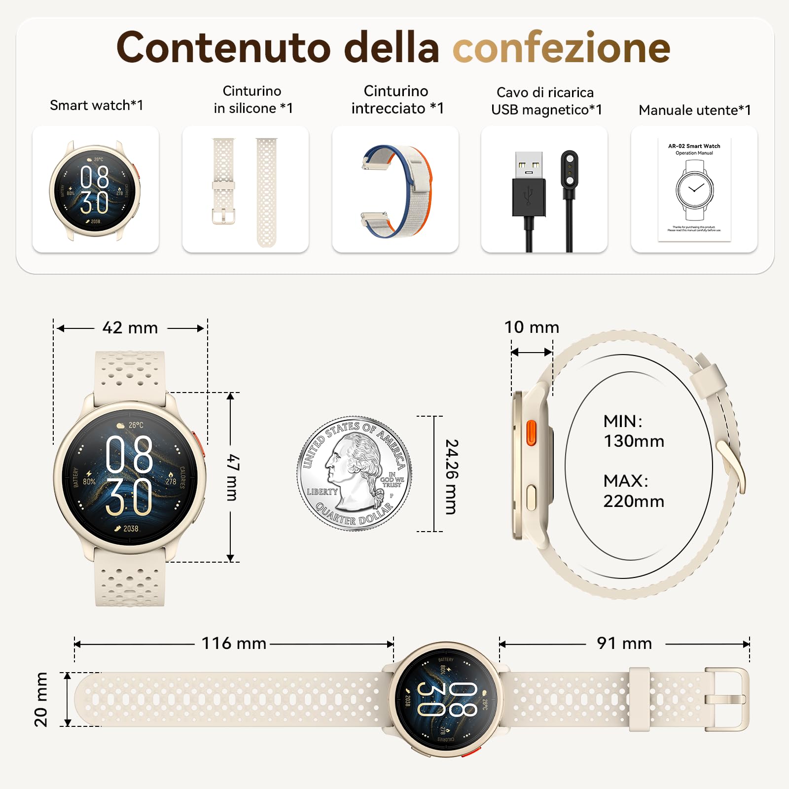 Smartwatch Donna 1.27'' Orologio Uomo Rotondo con 2 Cinturini,120+ Modalità Sportive, Corsi di Ginnastica 3ATM Monitoraggio Salute e Sonno Contapassi Fitness Watch per Samsung/Android/iPhone Albicocca