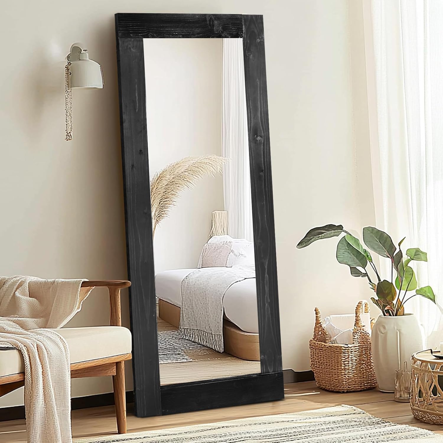 Full Length Mirror 58"x24" – Solid Wood Frame, HD Tempered Glass, Wall Mounted & Leaning, Rustic Modern Decor for Bedroom, Living Room, Entryway, Black Black-convex Frame 58"L x 24"W