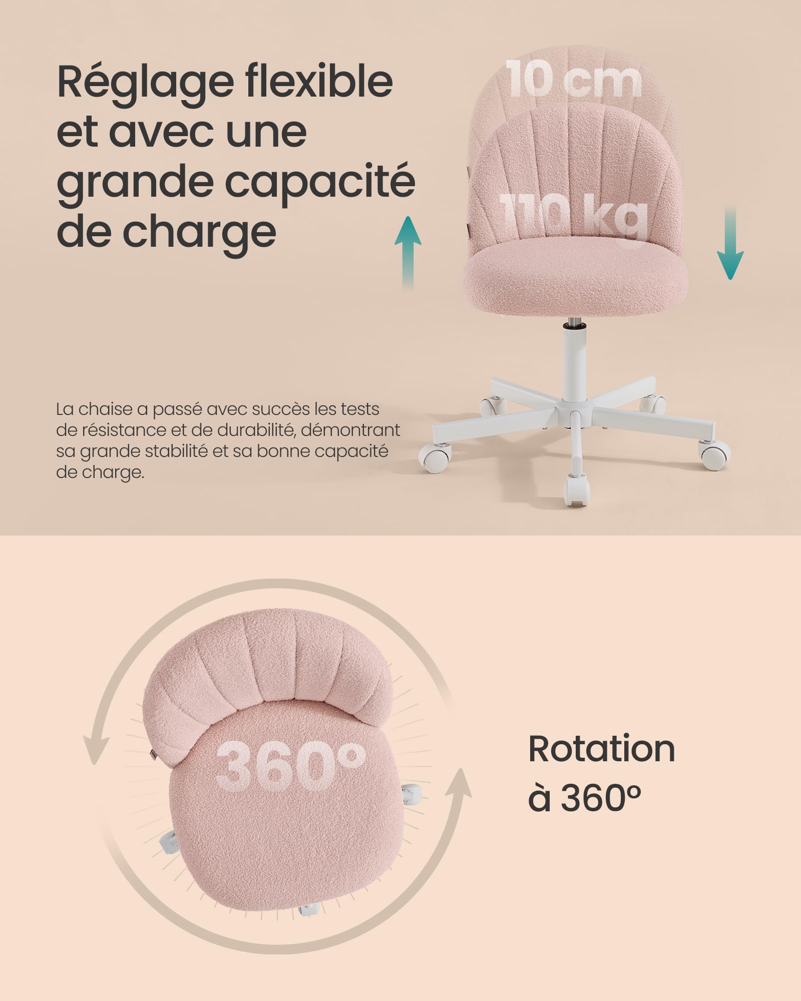 SONGMICS Chaise de Bureau, Chaise Coiffeuse en Tissu Peluche, Fauteuil avec Rembourrage en Mousse, Hauteur Réglable, pour Bureau, Chambre, Dressing, Rose Bonbon OBG027SA01