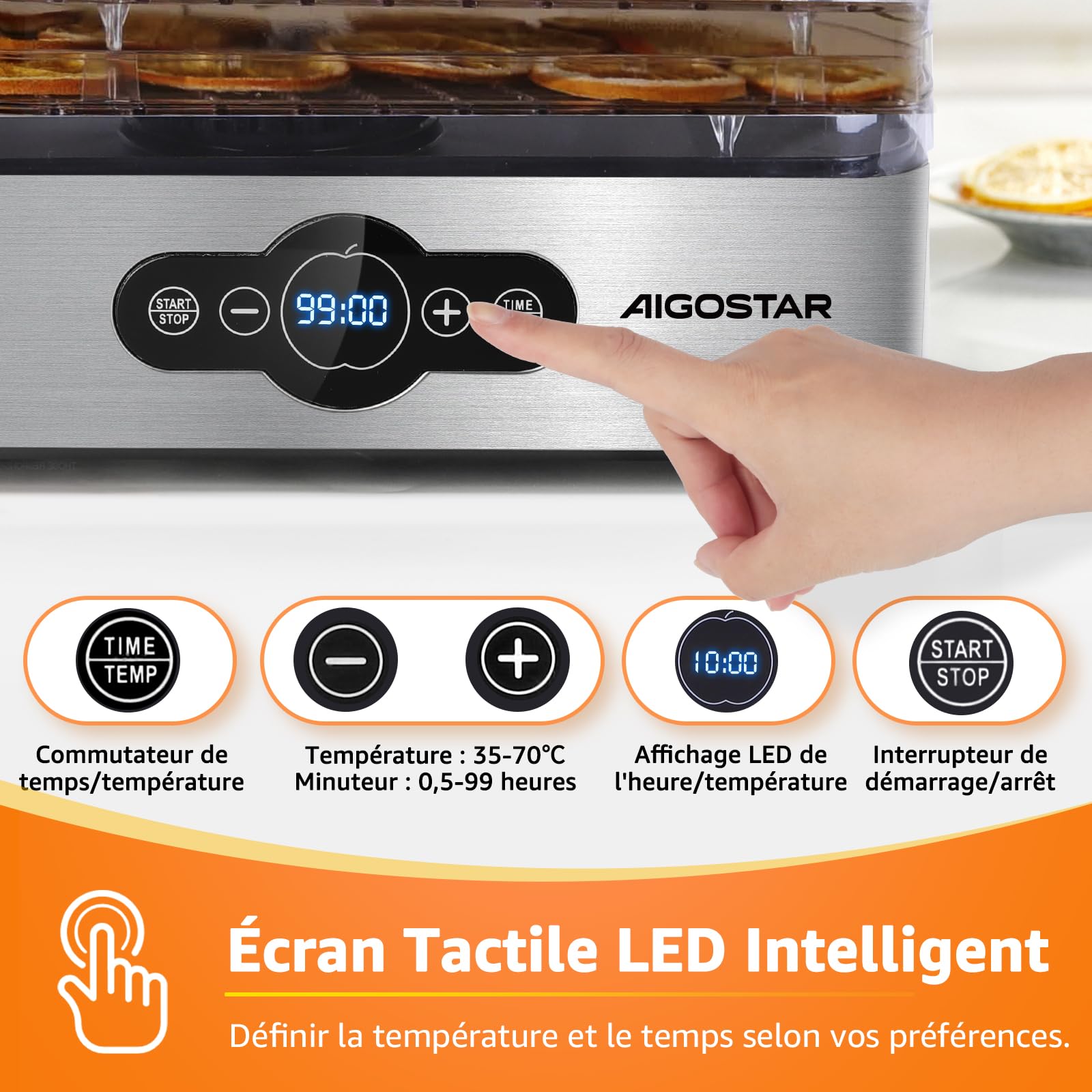 Aigostar Deshydrateur Alimentaire avec 5 Plateaux, Déshydrateur sans BPA, Minuterie 99h et Température 35-75 °C, Écran LED, 240W, pour Fruits, Poisson, Légumes, Viande, Jerky, Herbes etc