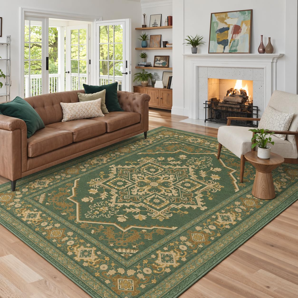 ALALAL Traditional Emerald Green Vintage Medallion Rug for Living Room | 5' x 7', Non Slip, Low Pile, Thin Rugs for Bedroom, Washable Carpet Rugs for Dining Room, Kitchen, Home Office