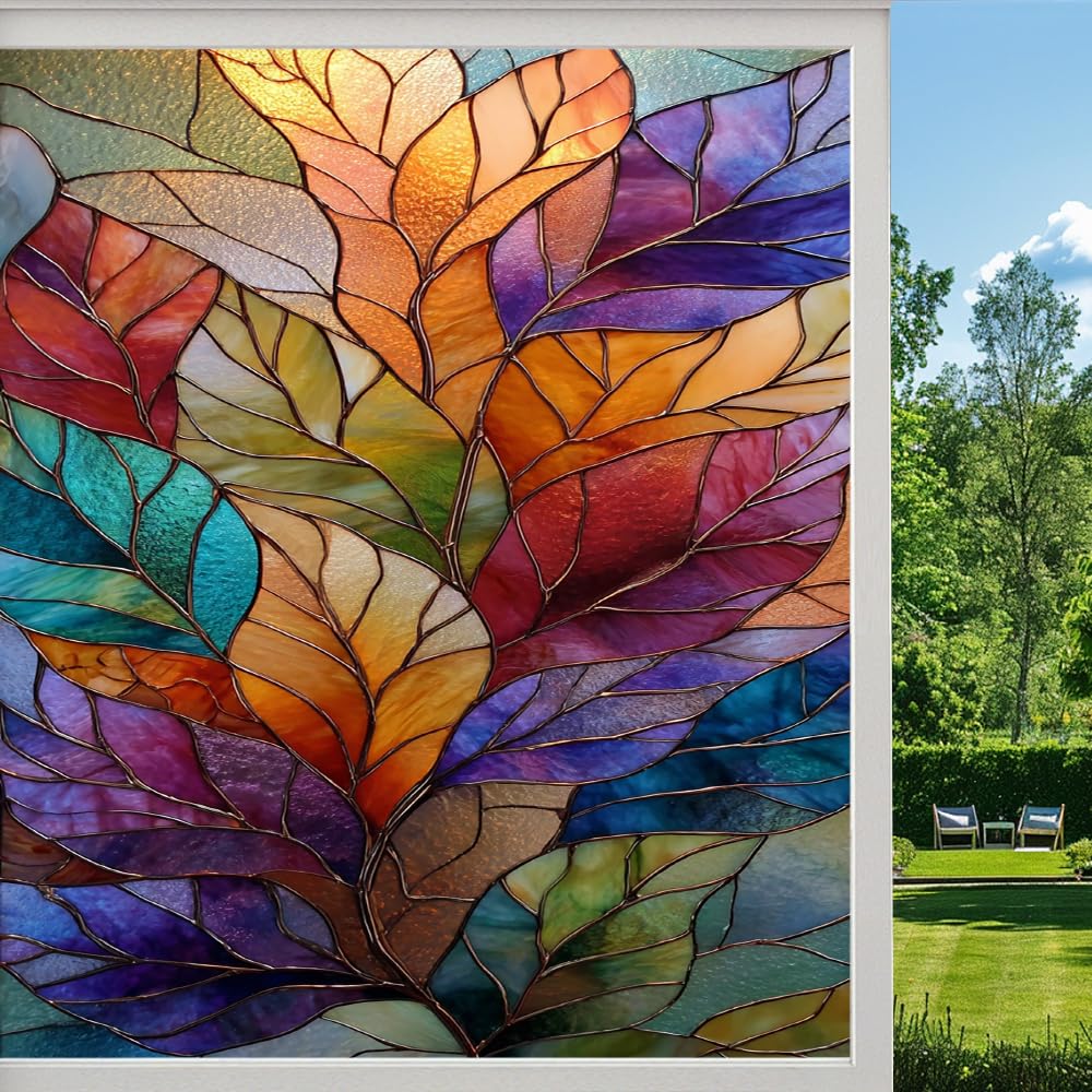 Pmlbaous Colorful Texture Stained Glass Window Film, Abstract Natural Leaf Plants Peel And Stick Privacy Film, Frosted Adhesive Vinyl Decorative For Bathroom Windows Glass Doors, （50X100cm）