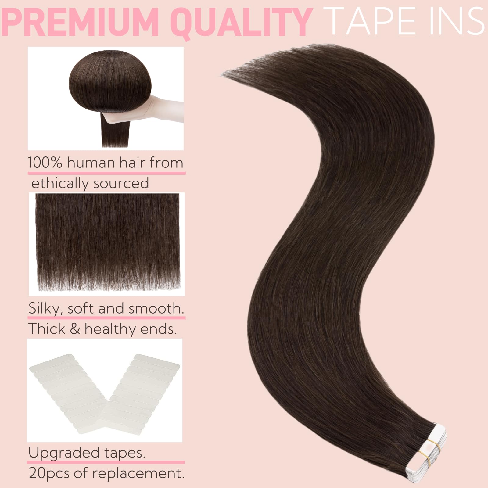 FUOTONBUTY Extension Capelli Veri Biadesivo Doppia Cucitura, Extension Biadesive Capelli Veri Marrone Scuro, Capelli Umani Lisci 20pcs 40g, Extension Capelli Veri Biadesivo Invisibile 30cm