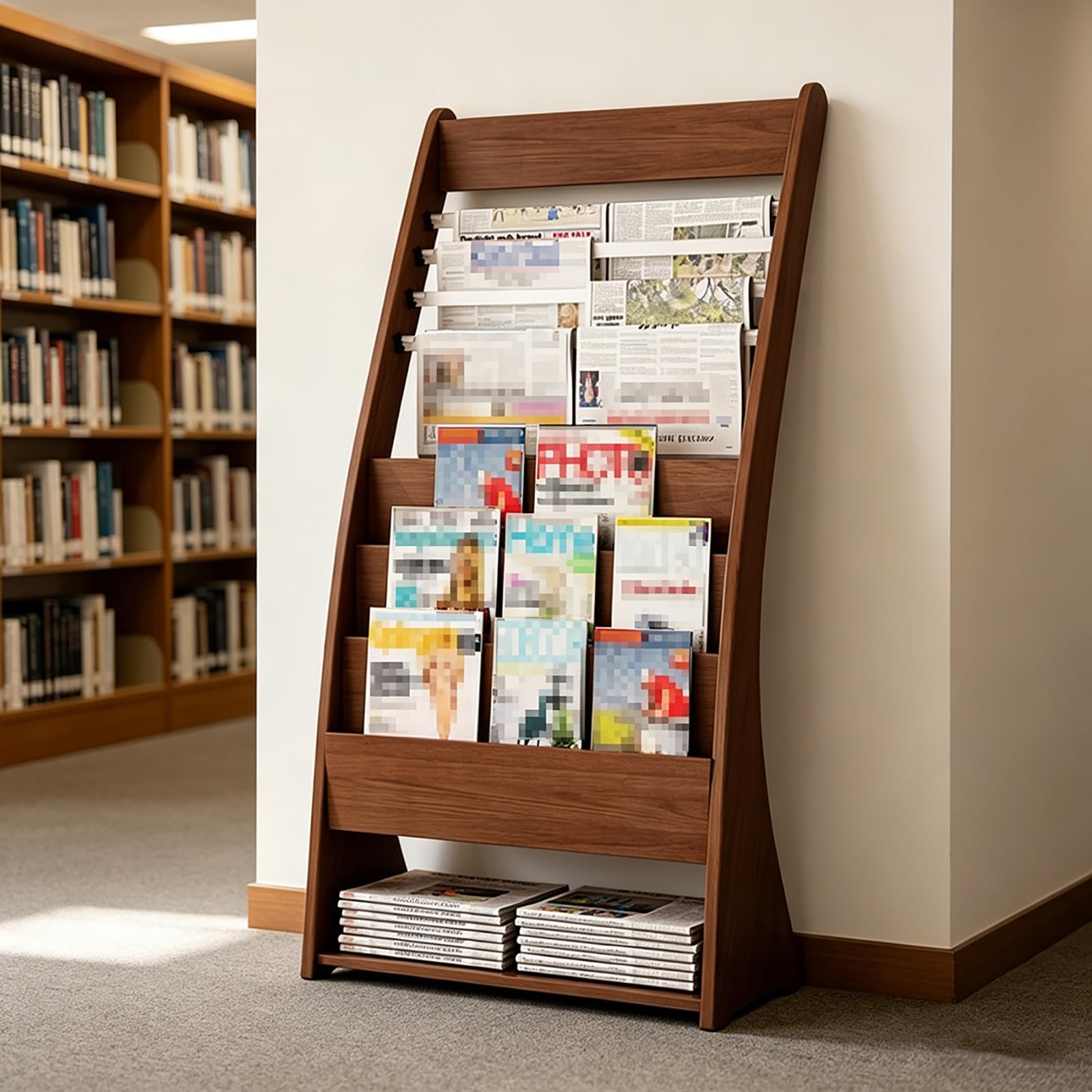 Wooden Newspaper Display Rack, Freestanding Magazine Holder with Bottom Shelf for Home Office Library Reception(Brown)