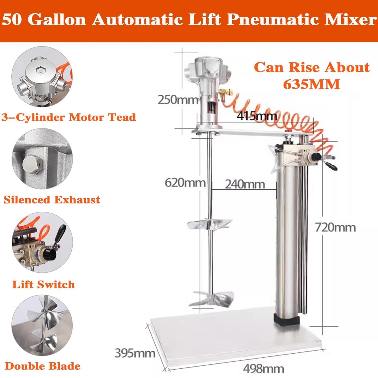 Mezclador Neumático De Pintura con Soporte, Impulsor Neumático De Acero Inoxidable, Elevación Automática, Agitador Neumático para Materiales De Recubrimiento De Pintura.,