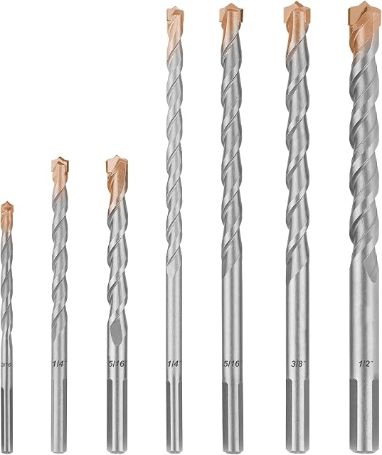 COMOWARE Masonry Drill Bit Set- 7pcs Carbon Steel Carbide Tip Drills Through Concrete Masonry Triangle Shank Best for Brick, Masonry, Concrete, Rock, Ceramic Tile, Cement