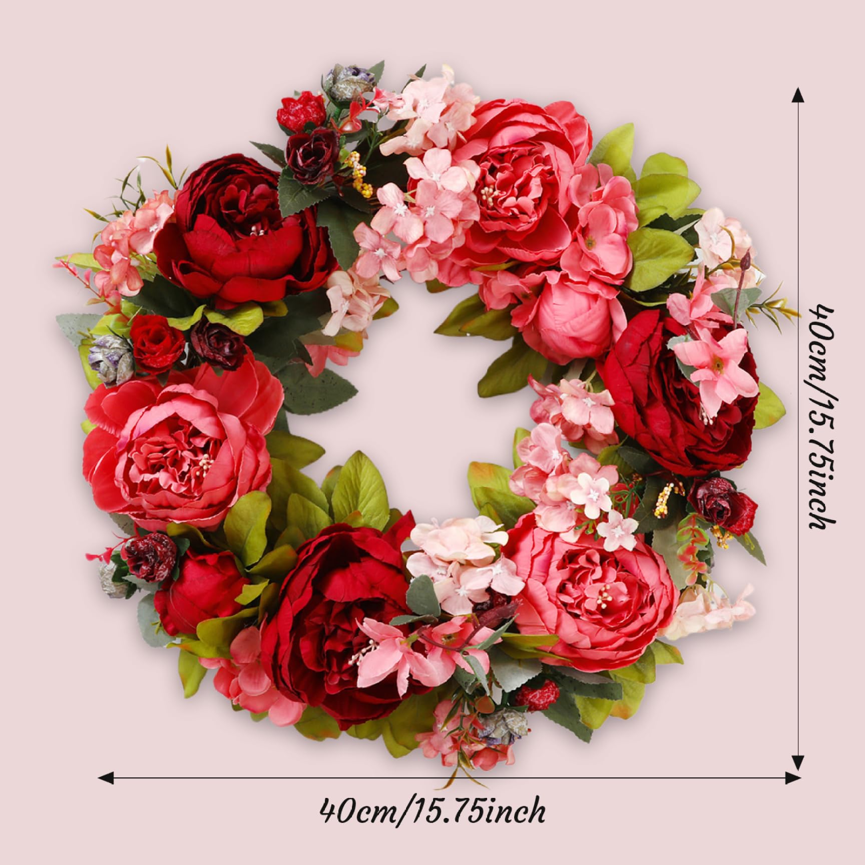 Ghirlanda di peonie, Ghirlanda per Porta di Fiori di Seta Artificiale da 16 Pollici con Fiori Rossi per Matrimoni all'aperto - Fiore