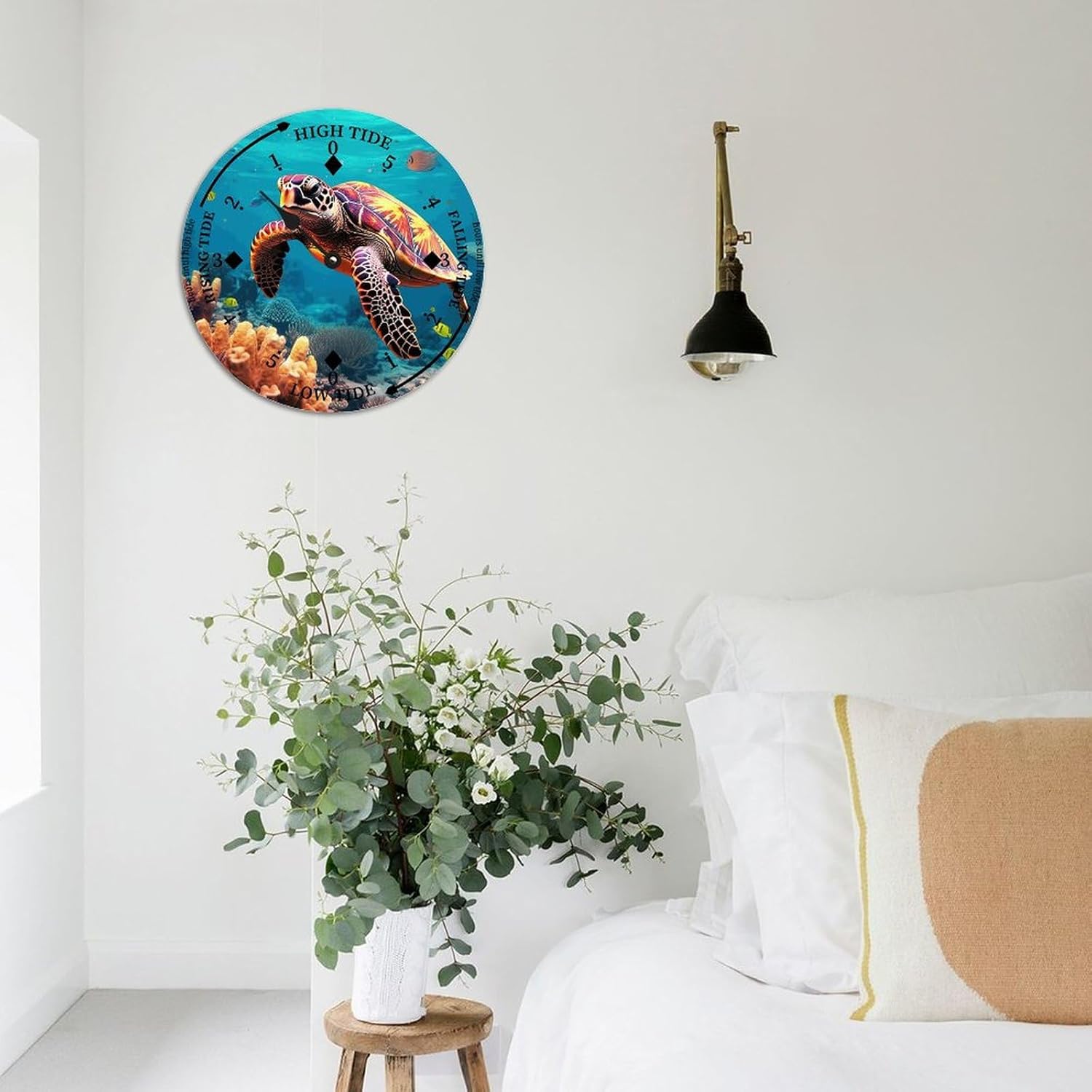 Rustic Wood Tide Clock Sea Turtle Ocean Time Rustic Wooden Clock Wood Moon Tidal Clock for Wall High and Low Tide Movement Clock for Seaside House Cottage Hotel Camping 12x12 in