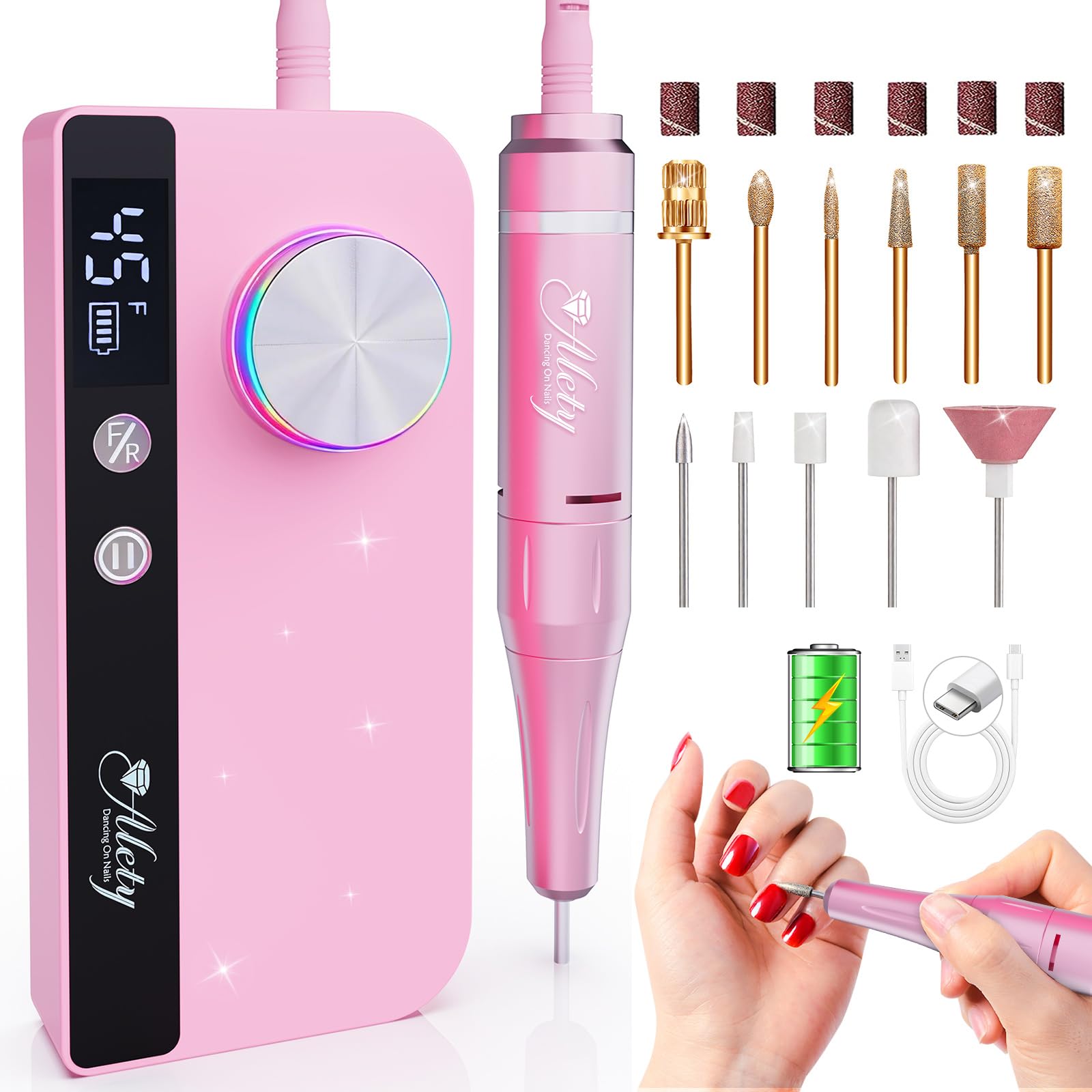 Kit de lima de uñas eléctrica profesional 45000RPM, lima de uñas eléctrica Alety para uñas de gel acrílicas, taladro inalámbrico para uñas Efile, herramientas de manicura con 11 brocas de uñas para