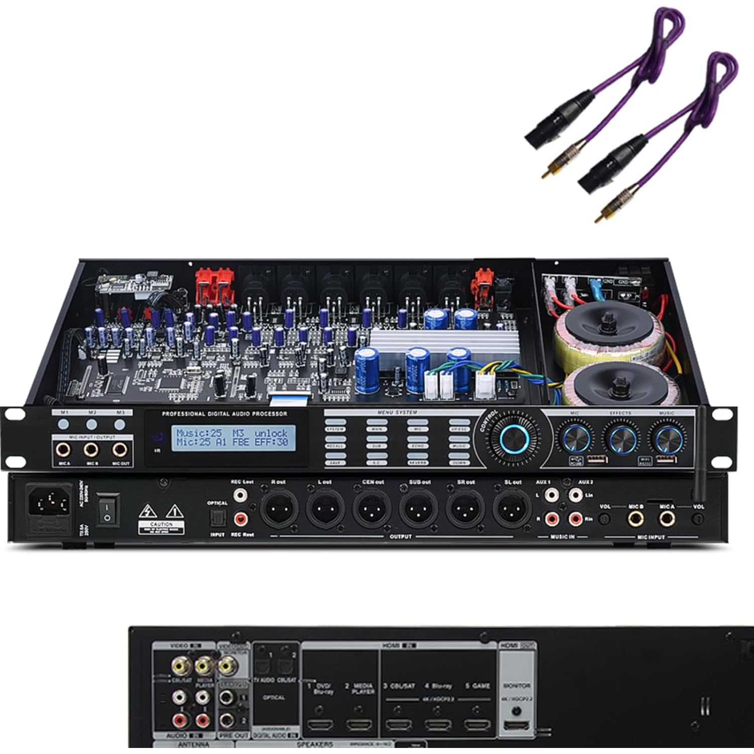 Professional Anti-Howling Audio Processor for Karaoke and Meetings - 5-Channel Input, Mobile App Control, DSP Reverberation, LCD Display(Lotus Wire)