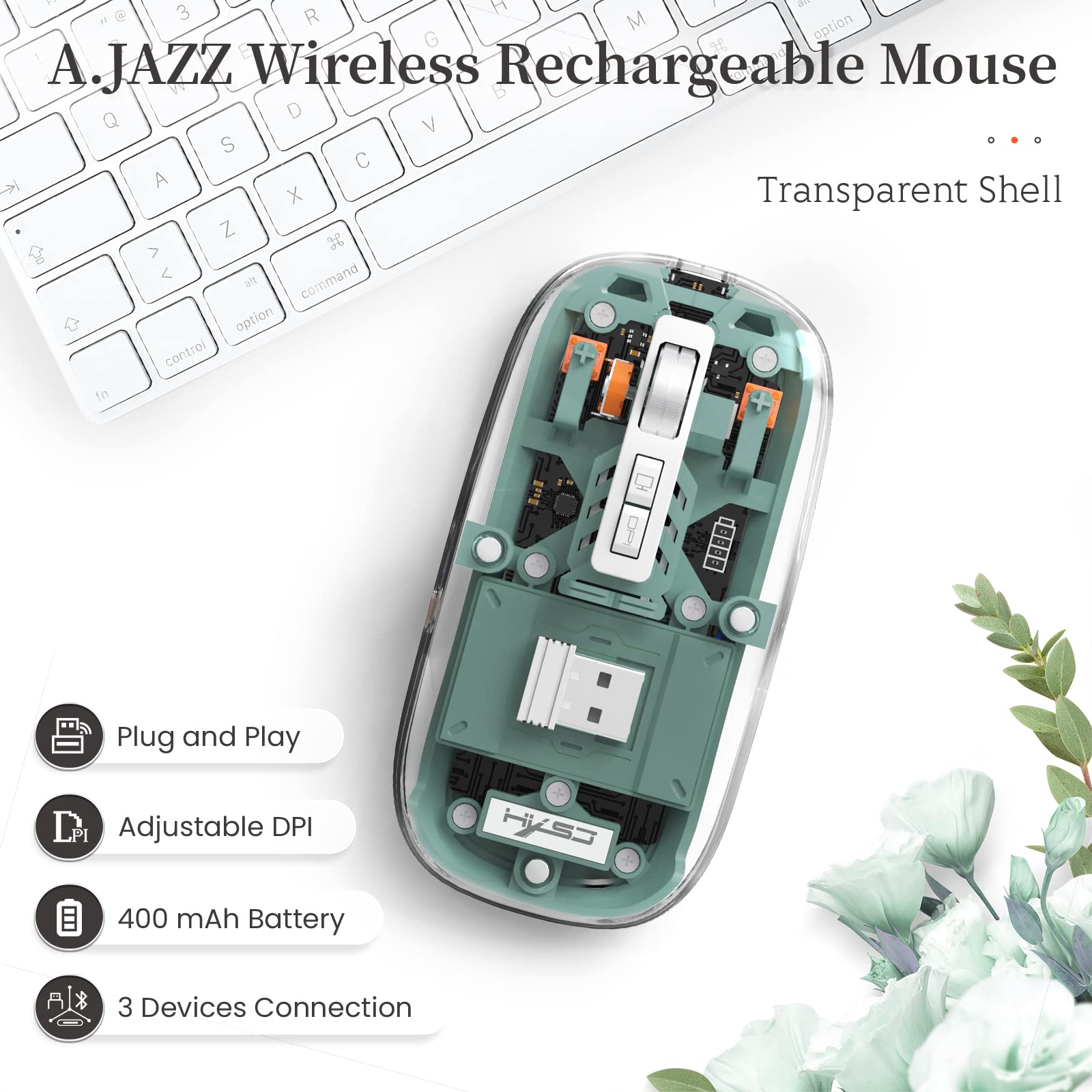 AJAZZ Mini mouse senza fili Bluetooth 5.1 e 2.4G, leggero, trasparente, trasparente, silenzioso, ricaricabile, ricevitore nano USB C, batteria LED Magic Silm per ufficio/PC/Mac/Laptop/Apple/iPad