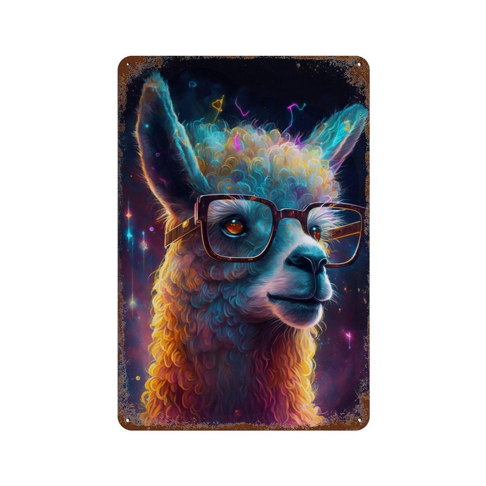 Rust Effect Colorful Llama Glasses Art Print Rustic Tin Plaque 11.8"x7.9", Classic Wall Plaque for Shed, Workshop And Garage Wall Decor