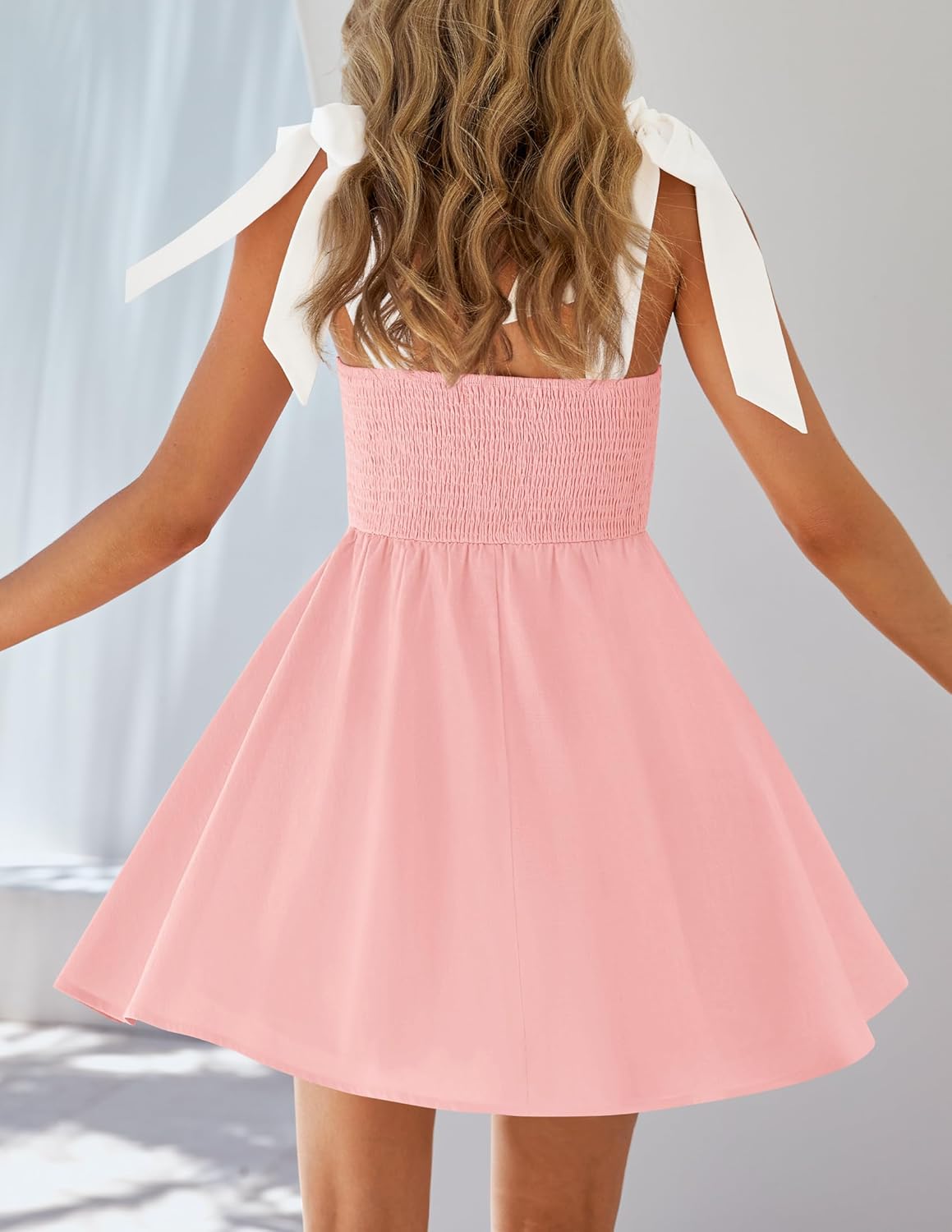 ZESICA Womens Summer Sleeveless Mini Dress Tie Shoulder Square Neck High Waist Swing A Line Short Sundresses - Image 4