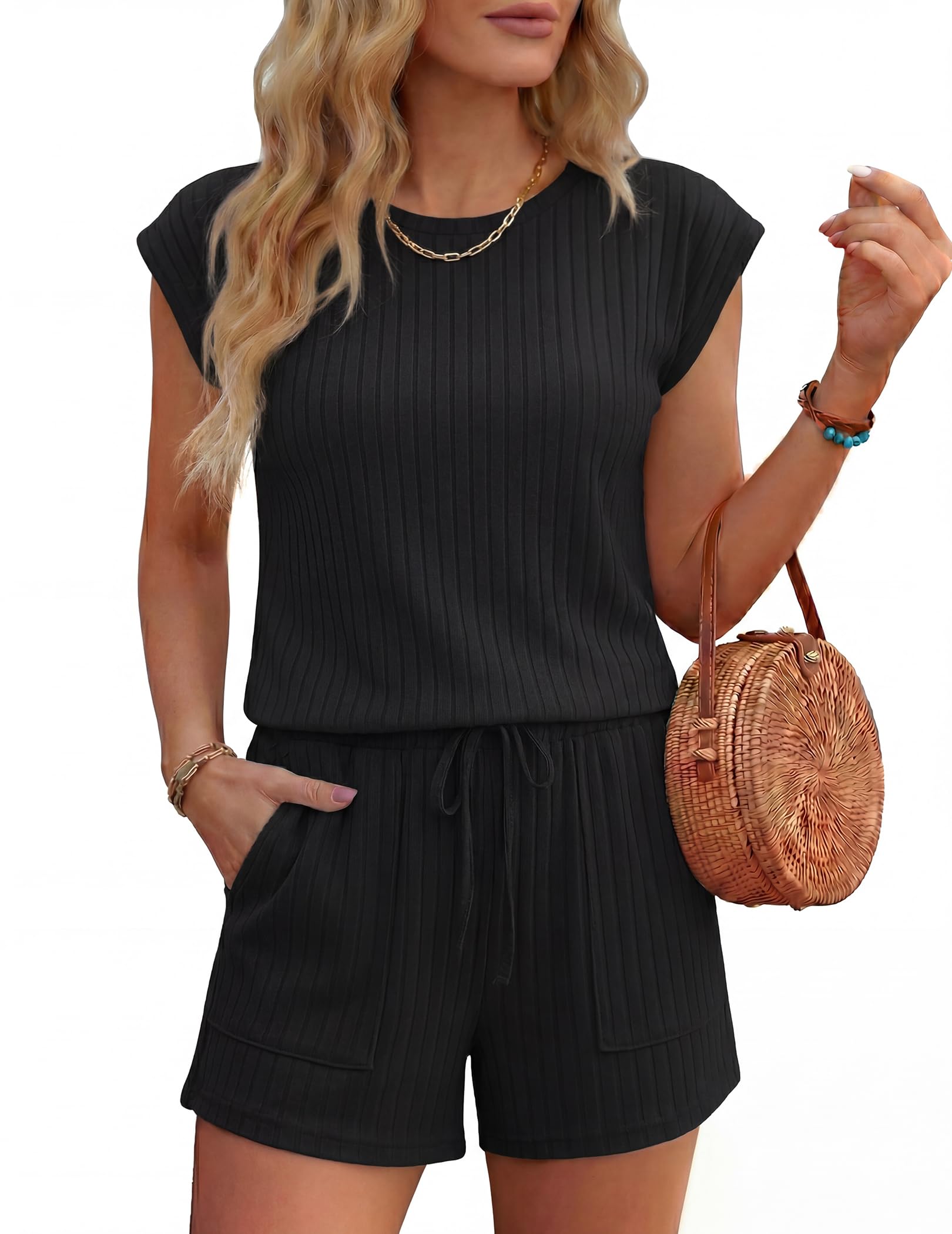 Rompers for Women Summer Casual Cap Sleeve Crewneck Short Pants Jumpsuit Beach Vacation Outfit with Pockets S-XXL-image-40