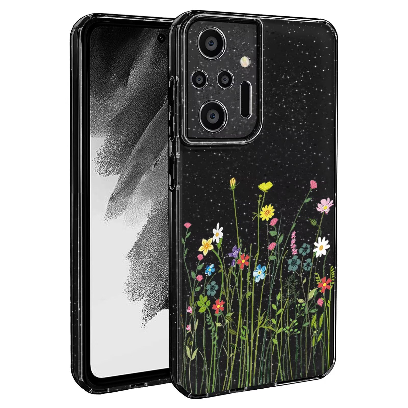 BEENTRYS Glitter Floreale Custodia per Xiaomi Redmi Note 10 Pro 4G,Bling Brillantini Fiori Disegni Donne e Ragazze Slim Morbido Silicone TPU Antiurto Protettiva Case(S201-Nero