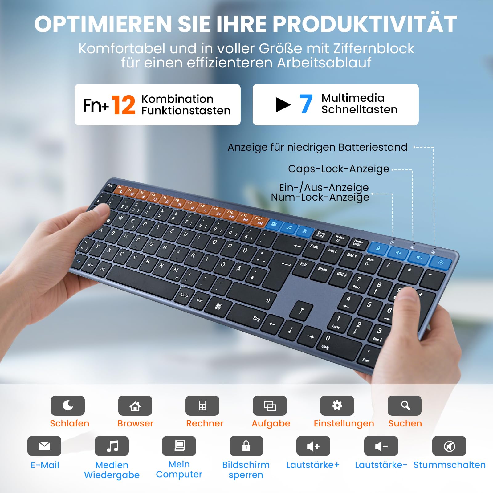 INFINMIND Tastatur Maus Set Kabellos, Deutsches QWERTZ Layout Funktastatur mit Maus, 19 Multimedia Shortcut-Tasten mit leiser, 2,4-GHz-USB-Flachen Tastatur für Laptops, Smart-TVs, MAC und Windows