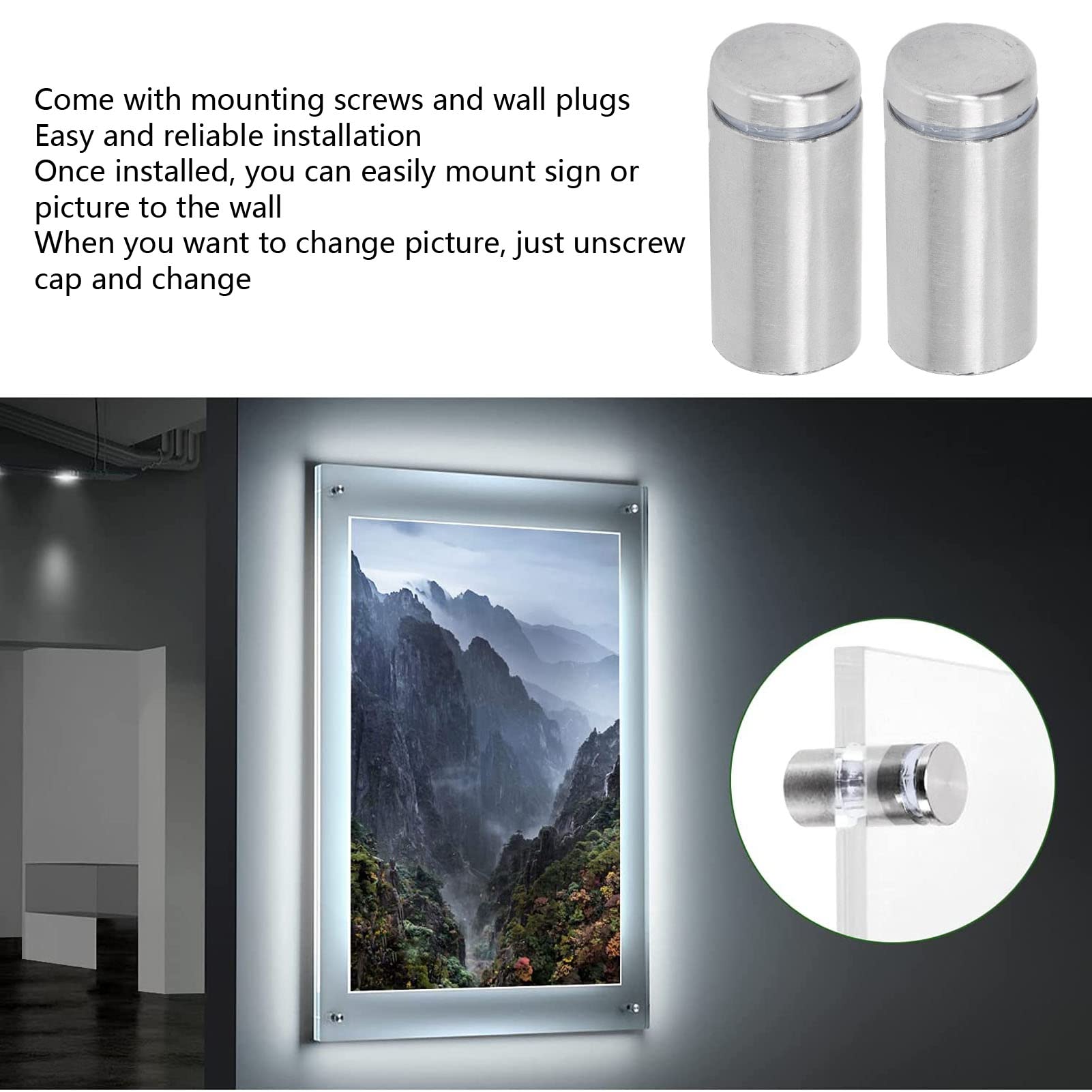 Entretoises Murales en Acier Inoxydable, 12 Pièces, 19x40mm, Kit de Vis et Chevilles pour Panneau Acrylique, Supports d'Affichage Publicitaire