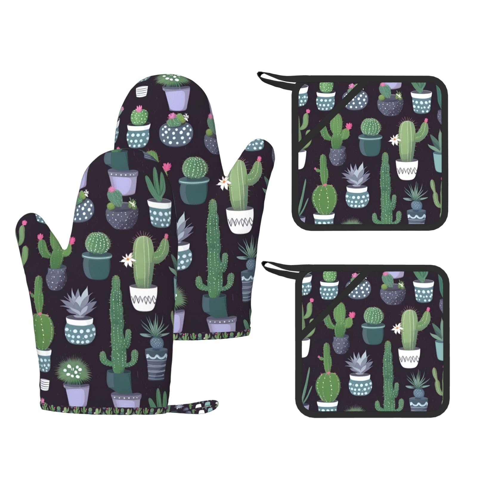 Cactus Succulent Plant Print Kitchen Heat Resistant Set,Cooking Kit With Hanging Loop For Baking & Bbq