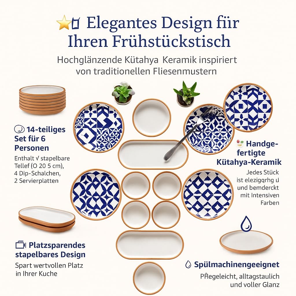 14-częściowy zestaw śniadaniowy dla 6 osób – seria Karo Stackable – ręcznie wykonane naczynia ceramiczne Kütahya – wysoki połysk i możliwość układania w stos