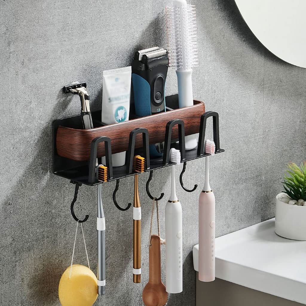 Estante Para Cepillos de Dientes Soporte de cepillo de dientes de grano de madera montada en la pared estante de almacenamiento multifuncional soporte for la pasta de dientes del baño con accesorios d