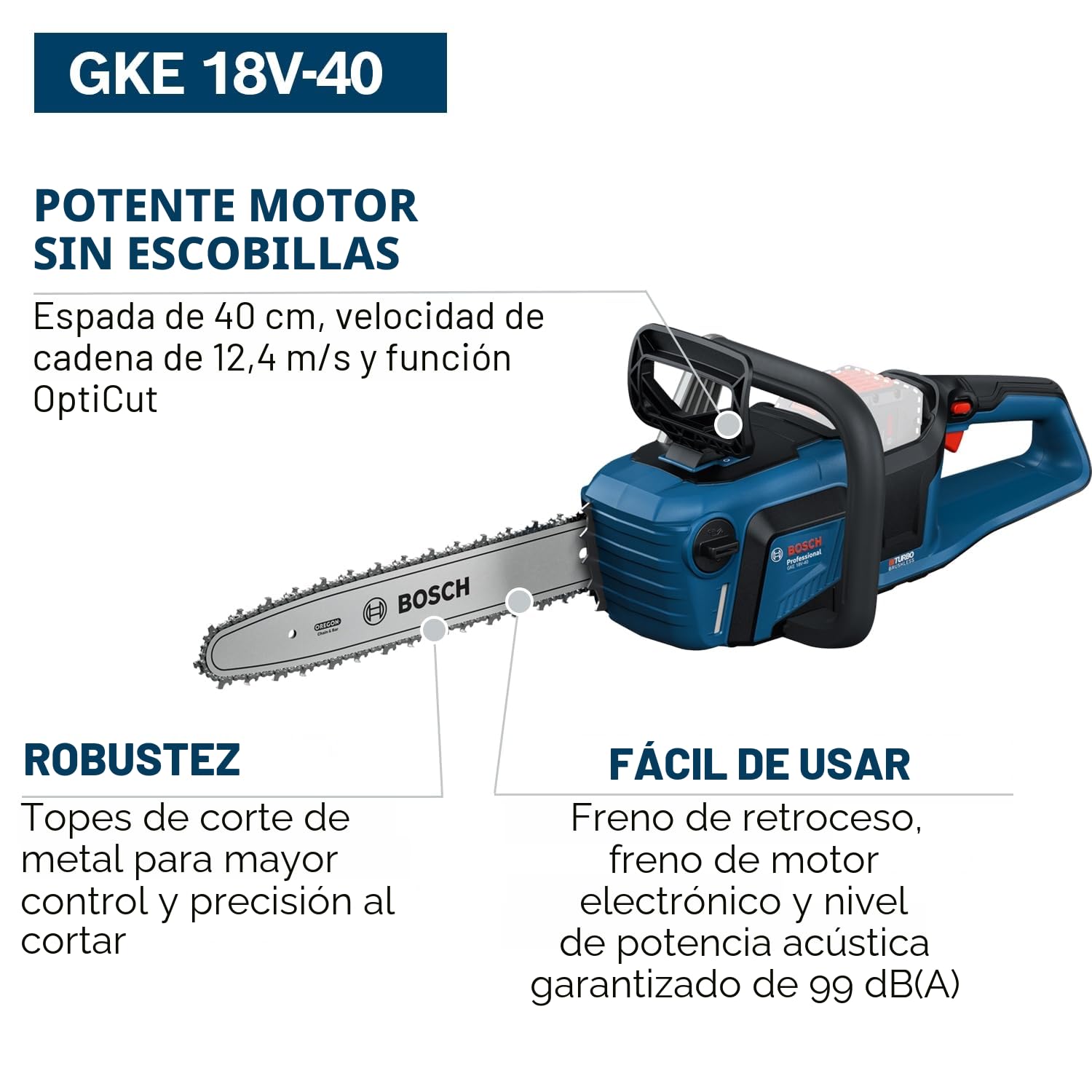 Bosch Professional 18V System motosierra GKE 18V-40 (barra de 40 cm, motor Brushless sin escobillas con tecnología BITURBO, incl. llave con destornillador, revestimiento de cadena, sin batería)