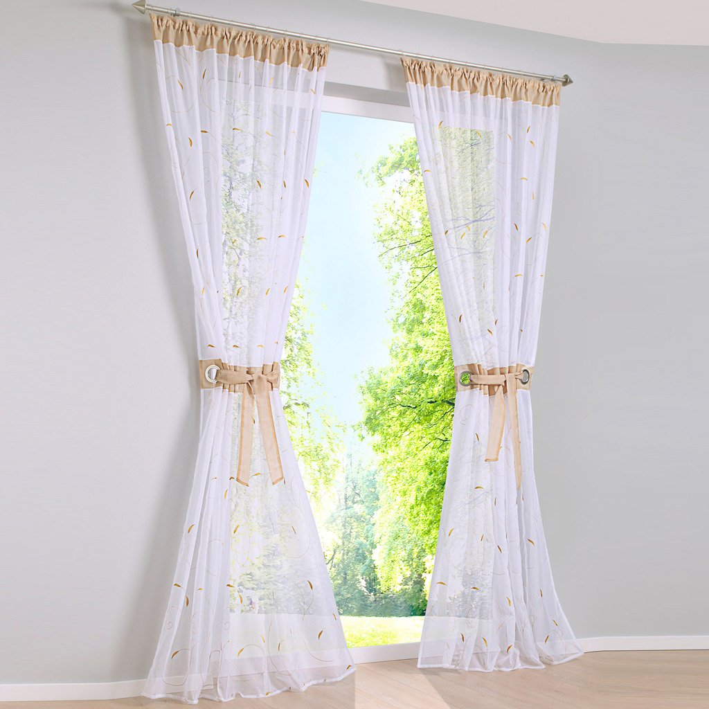 Yujiao Mao Embroidery voile curtains, pack of 1, transparent curtain with ruffle tape, W x H 140 x 225 cm, sand