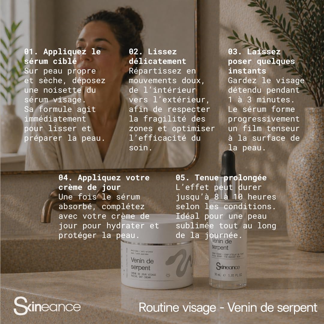 Skineance - Duo Venin de Serpent | Creme Jour 50 ml + Serum 30 ml | Peptide Syn-Ake | Hydratation Quotidienne et Teint Éclatant | Routine Beauté | Formules Contrôlées