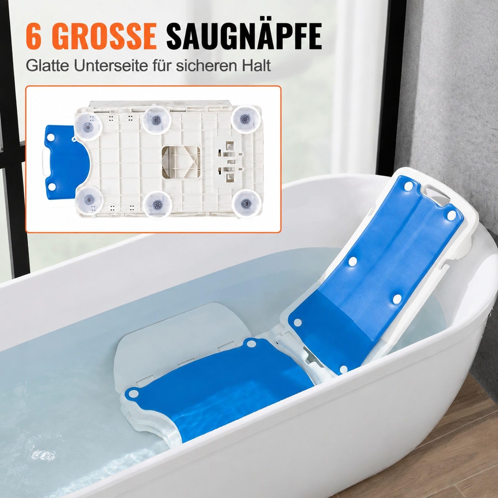 Badewannenliftsitz mit neigbarer Rückenlehne, Verstellbarer Basis, weiß und blau