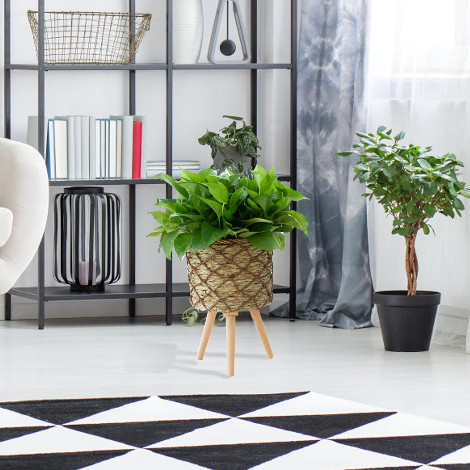 Fioriera intrecciata – Vaso per fiori da interno, cesto con 3 gambe in | legno, supporto decorativo per piante, elegante supporto per vasi di fiori rialzato, design artigianale in rattan resistente,