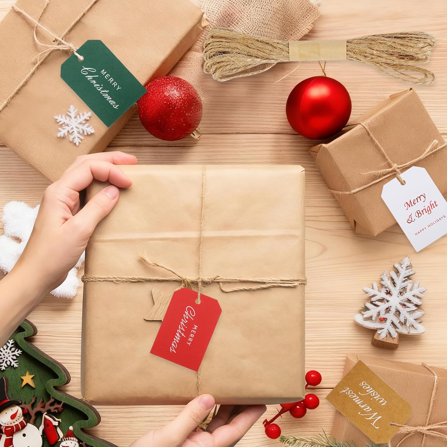 PECULA Christmas Gift Tags 200P, 4 Colors Hang Tags for Labeling 8 Different Types, Elegant Christmas Name Tags with String for DIY, Wrapping, Crafts, New Year, Decoration - Image 4