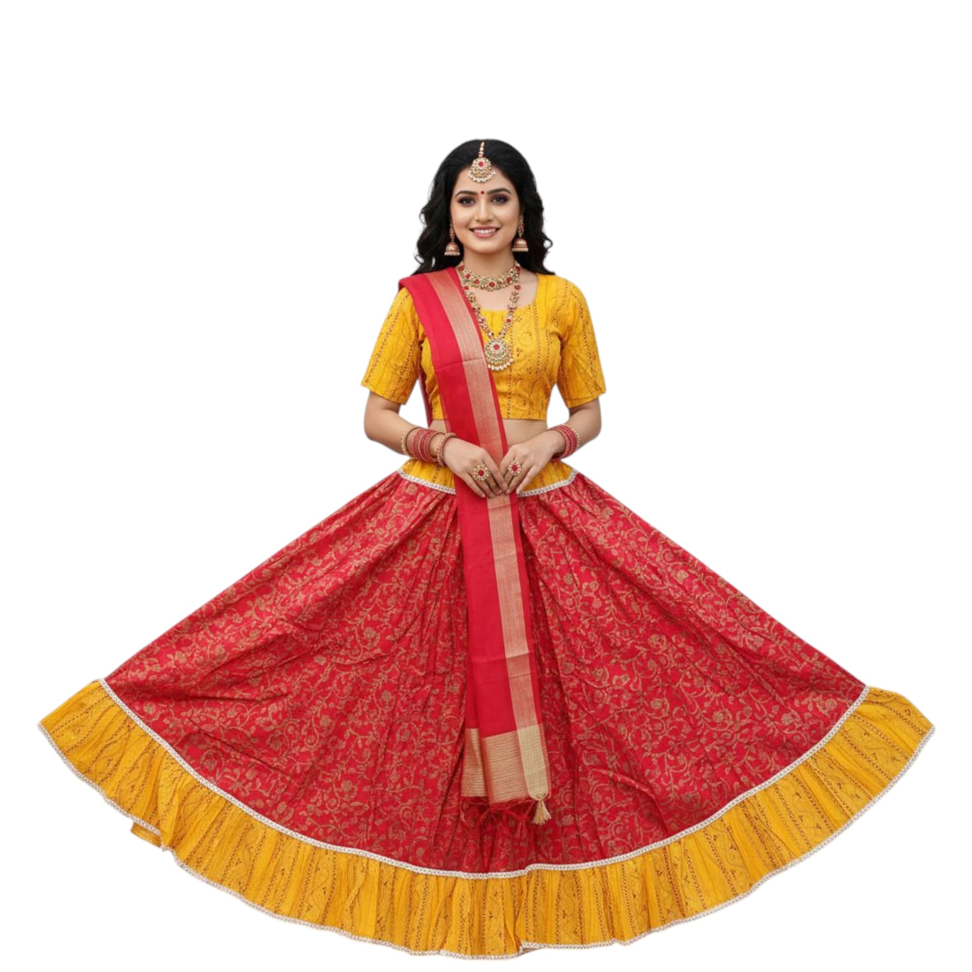 Women's Cotton Slub Traditional Lehenga Choli Set | Ethnic Wear Gopi dress with Contrast Dupatta for Puja and Festivals (Red & Yellow)-picture-22