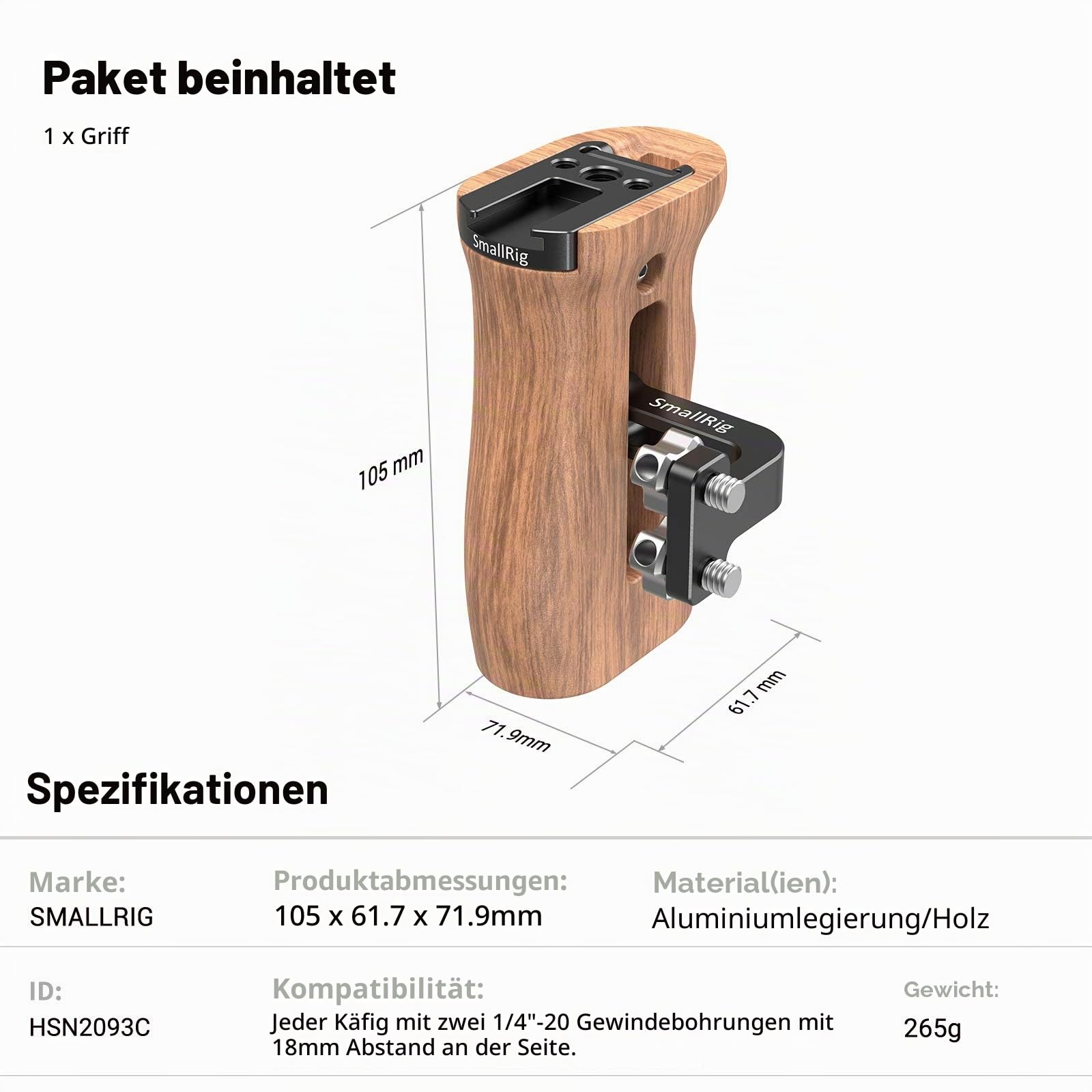 SMALLRIG Universal Wooden Handle mit Threaded Holes und Cold Shoe Holder Verstellbarer Griff für Kamera Cage - 2093C