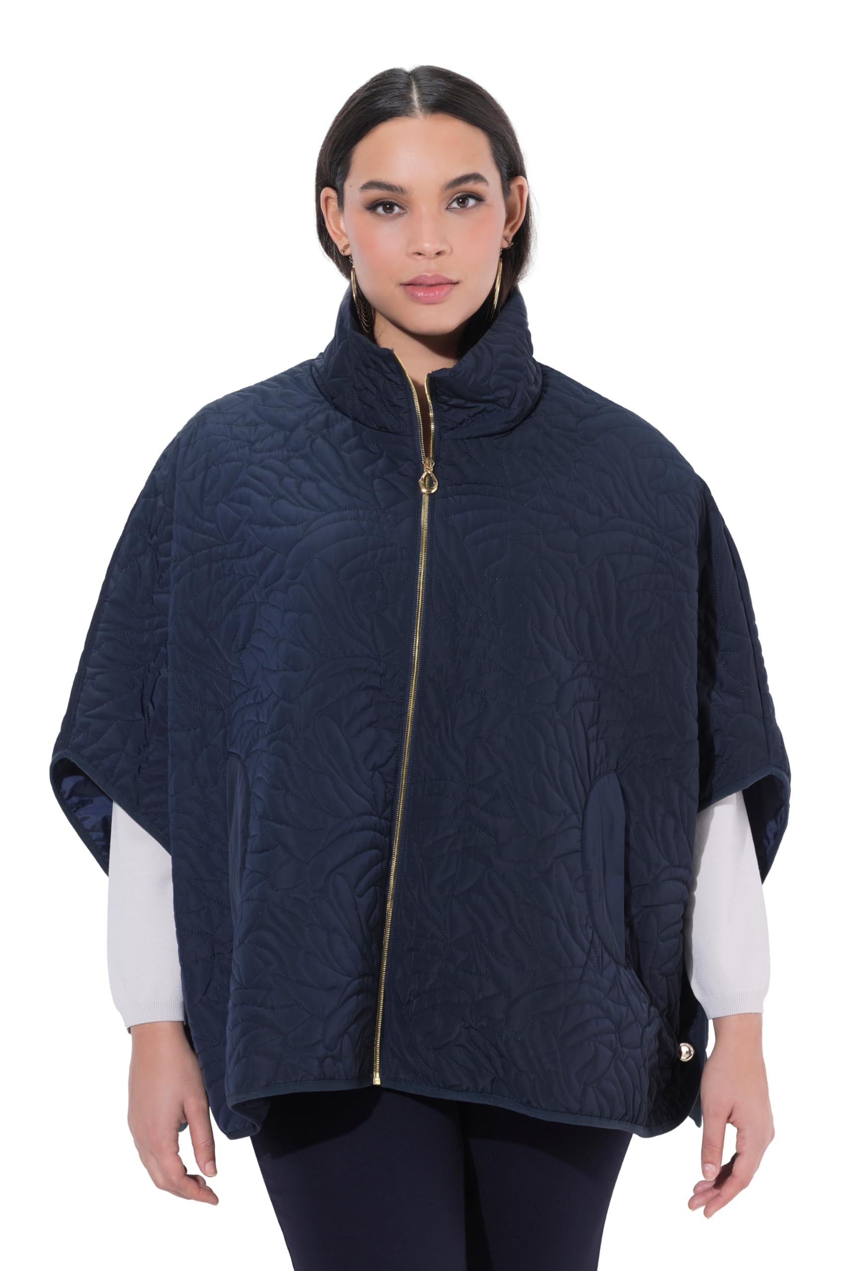 Ulla Popken Damen große Größen Übergrößen Plus Size Stepp-Poncho, Oversized, Samt-Piping, Stehkragen 844258