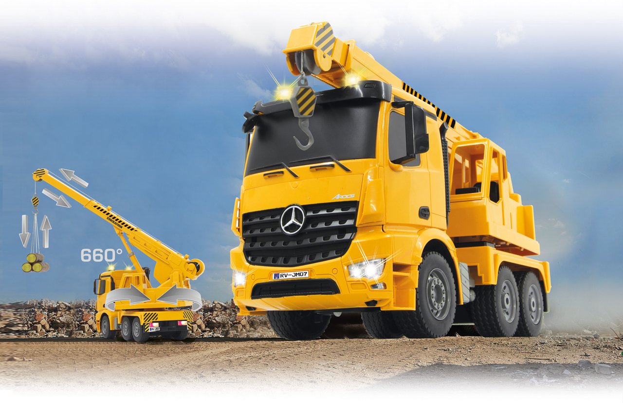 JAMARA 404950 - Schwerlastkran Mercedes Arocs 1:20 2,4G - drehbarer und ausfahrbarer Kran, Seil Heben/senken, realistischer Motorsound, Hupe, Rückfahrwarnsound, 4 Radantrieb,gelbe LED Signallichter