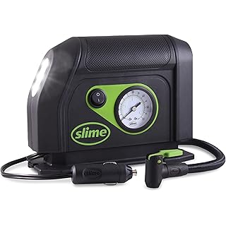 Slime 40050 Tire Inflator, Portable Car Air Compressor, with Analog 100 psi Dial Gauge, Long Hose and LED Light, 12V, 8 min Inflation