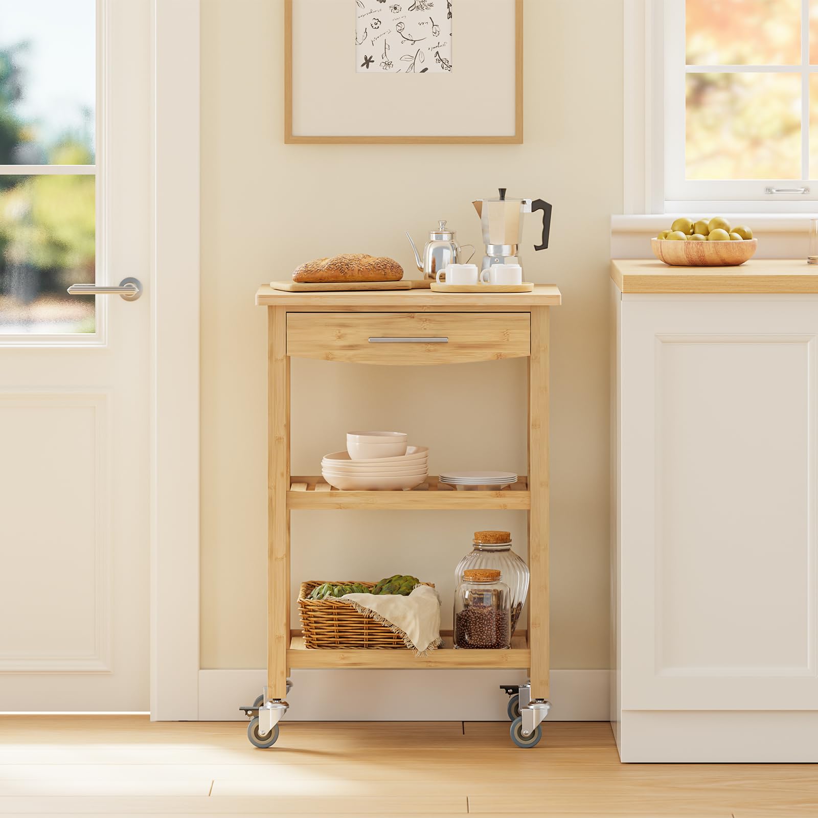 SoBuy Carrello da Cucina in Bambù Carbonizzato – Mobile da Cucina con Ruote e Cassetto, Carrello Mobile, per Cucina, Sala da Pranzo ed Esterno 58×40×86 cm FKW135-N