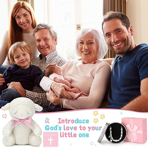 Miniatura 7 de 5 piezas de regalos de bautismo para niñas incluyen tarjeta de poesía de felpa de cordero de 8.5 pulgadas con caja de regalo, pulsera de bautismo