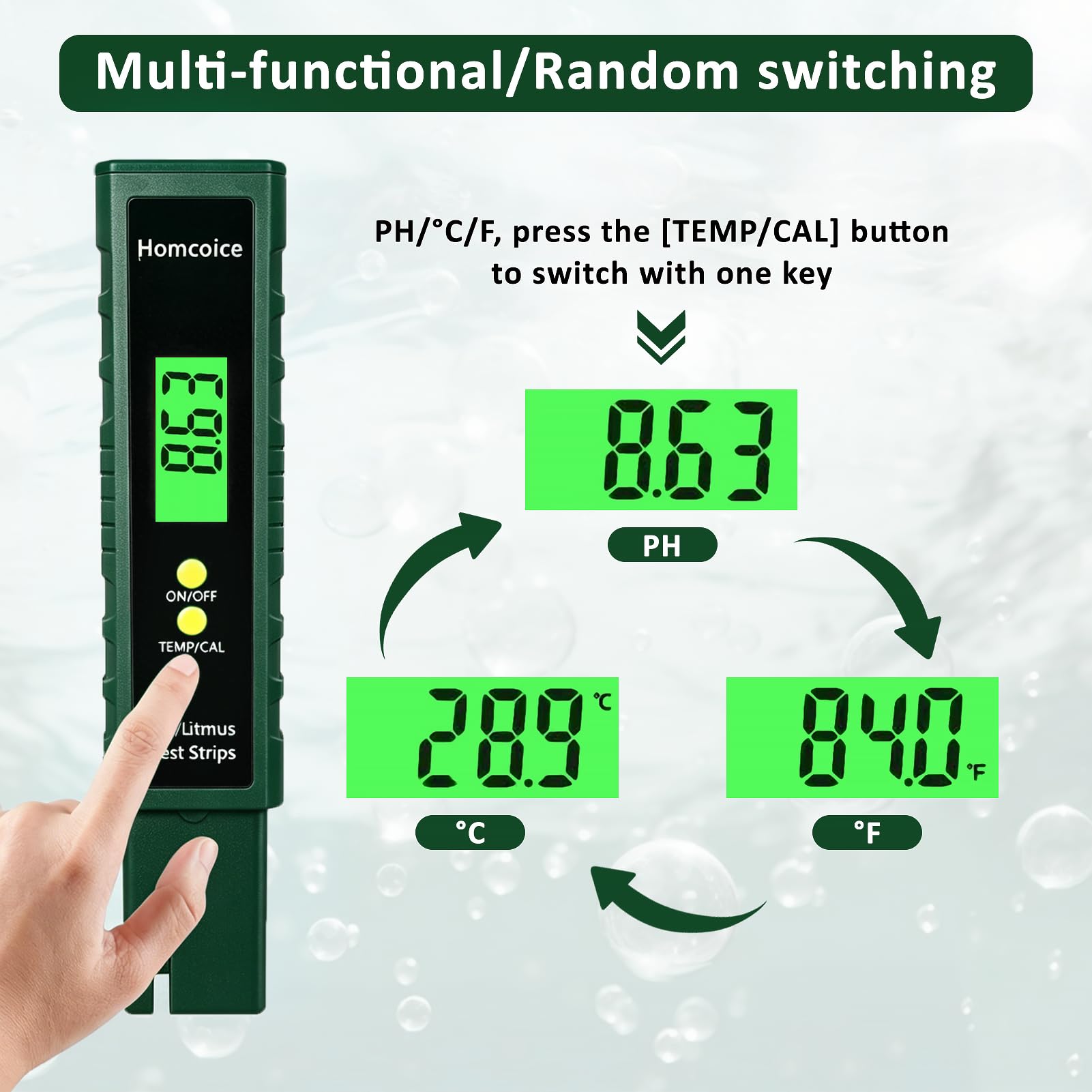 Misuratore pH con Simulazione Striscia e Misurazione Temperatura, Tester pH 0,01 con precisione automatica temperatura per piscine, acqua potabile, acquari, idroponica