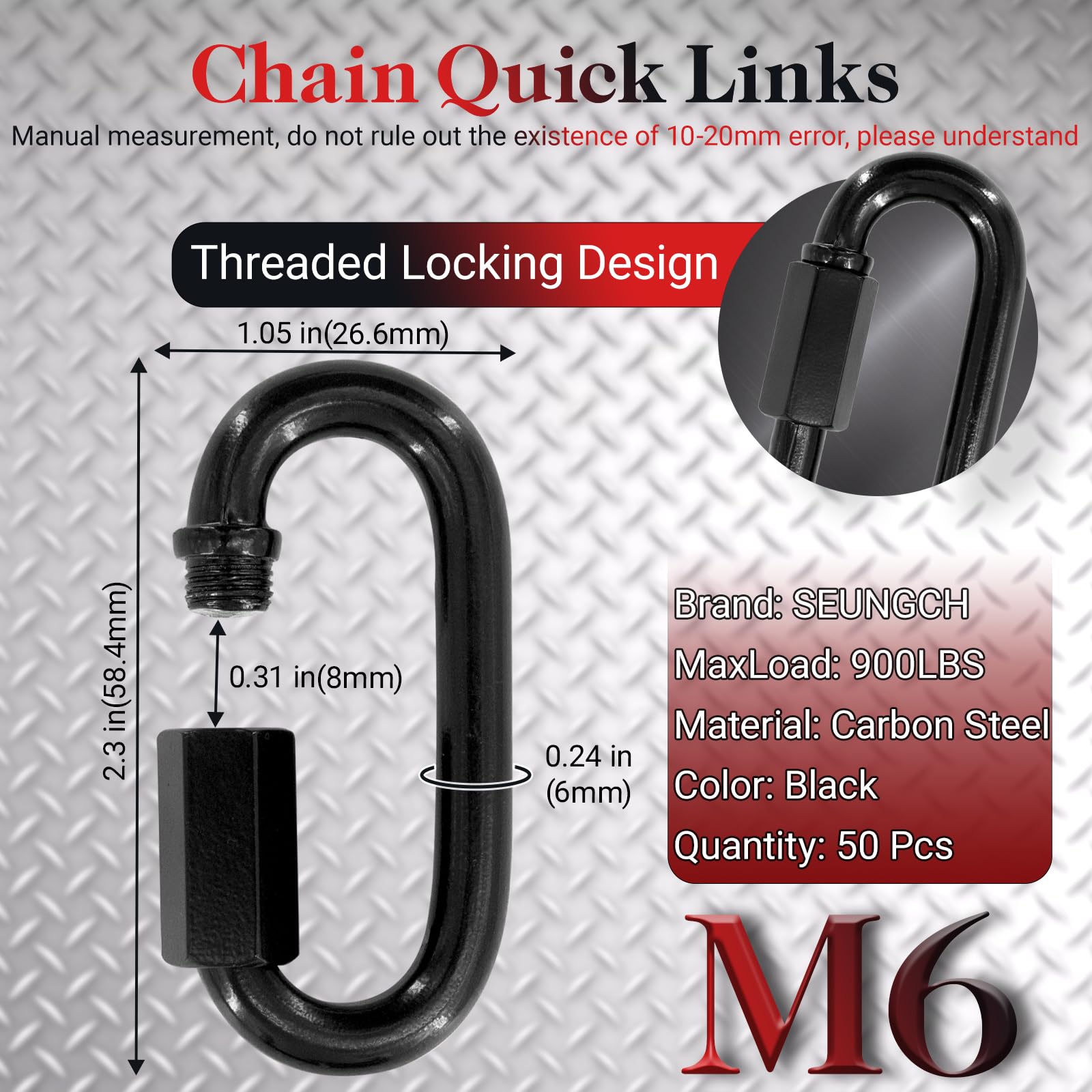 Lot de 50 maillons rapides de chaîne de 5,8 cm, petit mousqueton noir de 6,35 mm, capacité de 408,2 kg, connecteur de chaîne antirouille haute résistance pour porte-clés, camping, sac à dos, laisse