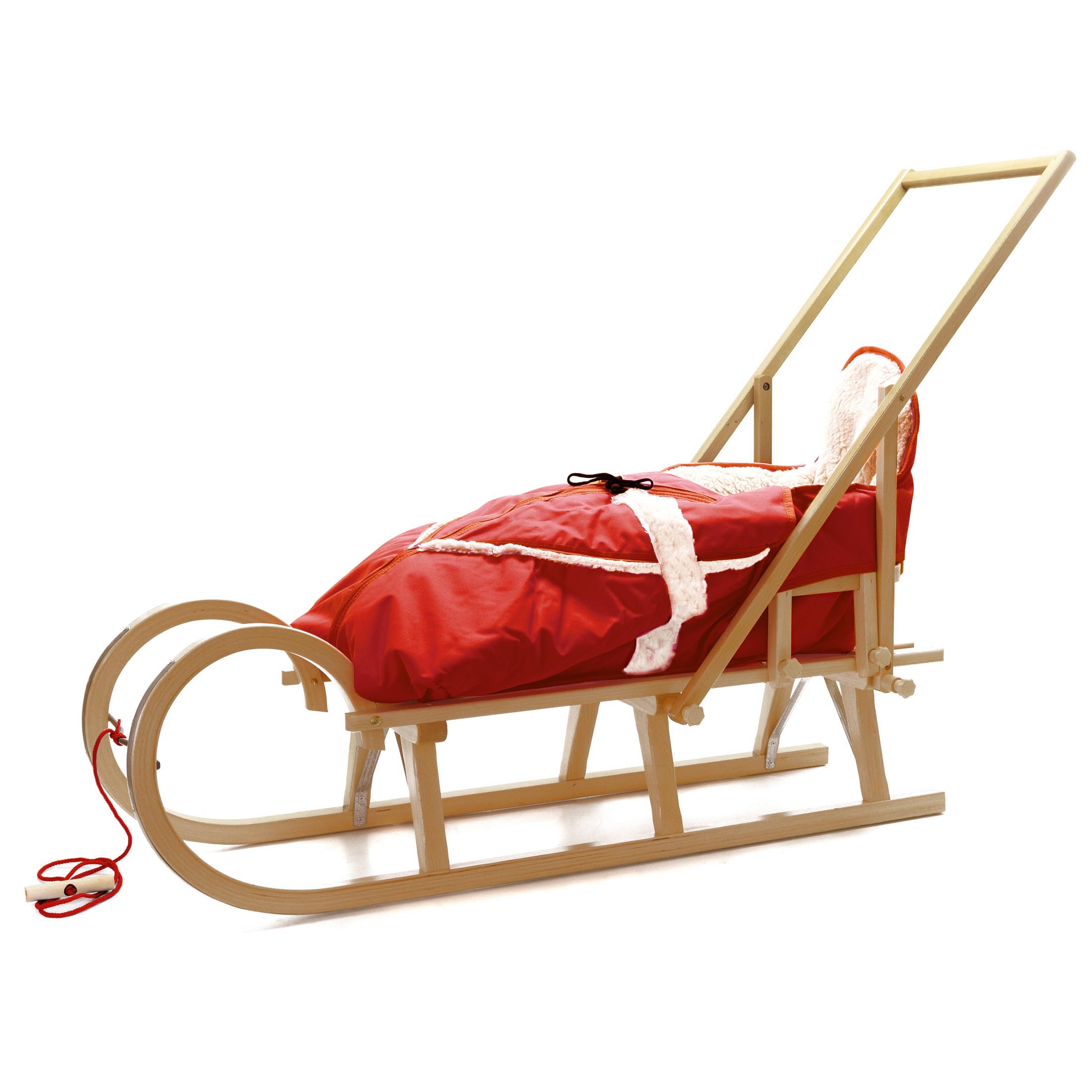 Babyschlitten Hörnerschlitten Holzschlitten Baran Baby 120 mit Lehne Schieber Alaska Schlittensack mit Farbauswahl (Rot)