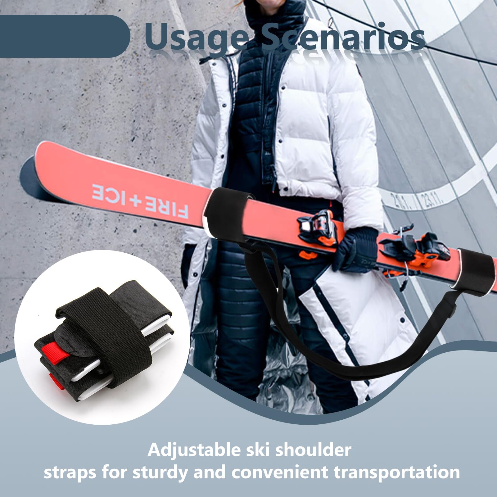 Bandoulière de Ski 2 Pièces, Porte-Épaules Réglable avec Boucle à Ruban Adhésif Rembourré, Noir Matériau Durable