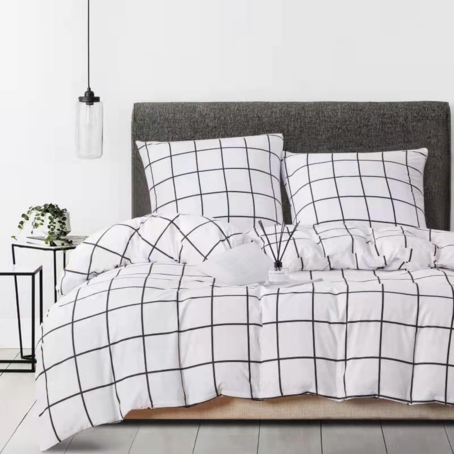 Omela Double Duvet Cover Set Black and White Grid Checkered Pattern